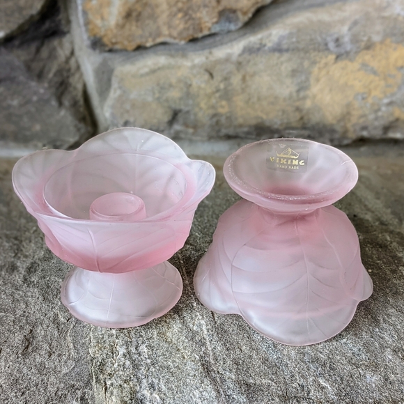 Pair of Vintage Viking Art Glass Satin Flower Candle Holders Retro Cottagecore